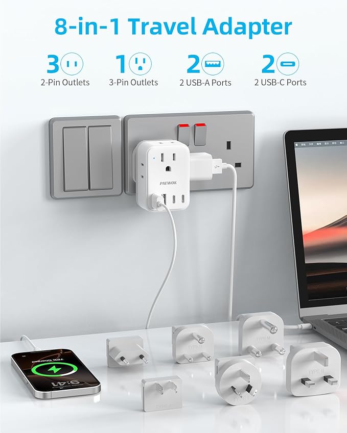 PAEWOK European Travel Plug Adapter Set, 8-in-1 Travel Adapter - Image 3