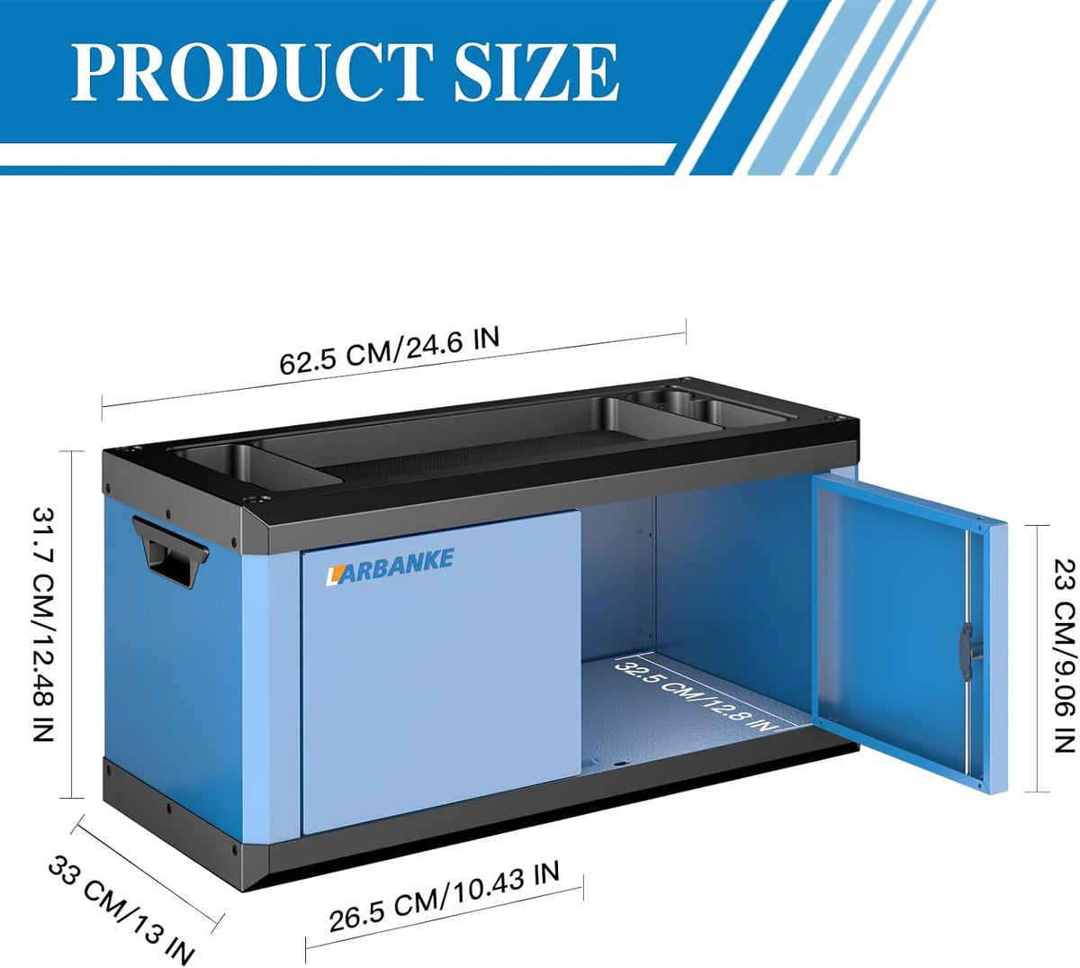 larbanke heavy-duty lockable double-door tool box with multifunctional, close-up detail