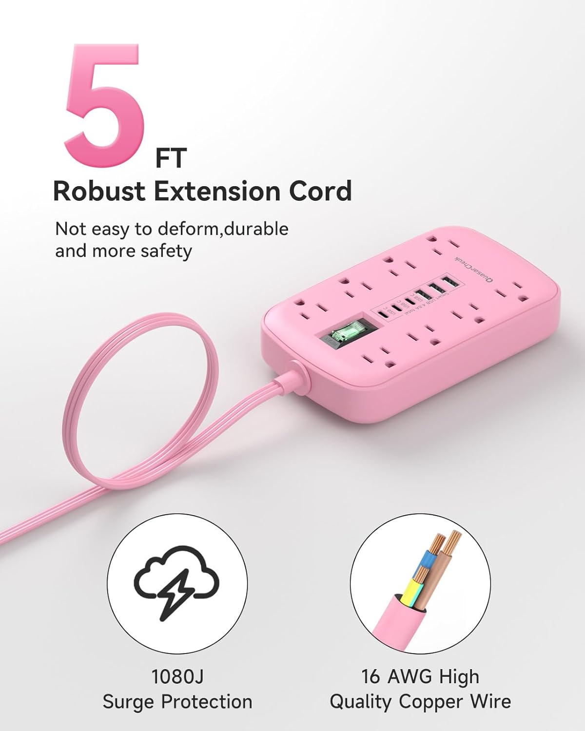 Pink Extension Cord with Surge Protector - 5 FT Kawaii Power Strip | 1625W, Cute Extension Cord with 6 USB(3 USB-C) 8 Outlets, Pink Desk Accessories for Women Girl, Kawaii Room Decor Office Dorm