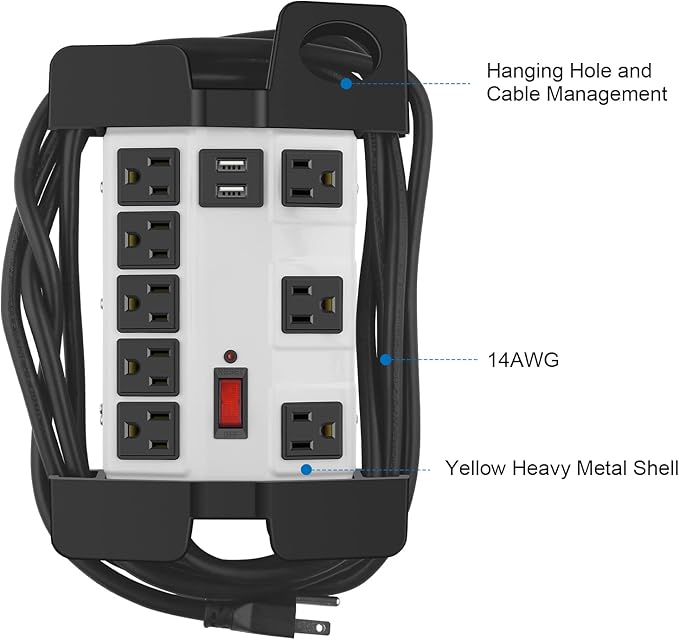 Heavy Duty Power Strip with USB, Workshop 8 Outlet Surge Protector 2700 Joules - Image 6