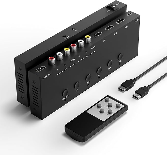 5 in to 1 Out RCA/HDMI Switcher，3 Way HDMI 2.0 + 2 RCA to HDMI Converter by Arector