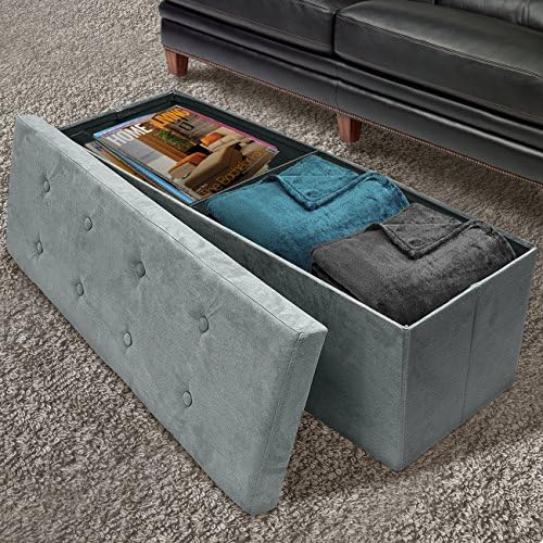 sorbus collapsible storage ottoman bench (grey, large (15”, front angle view