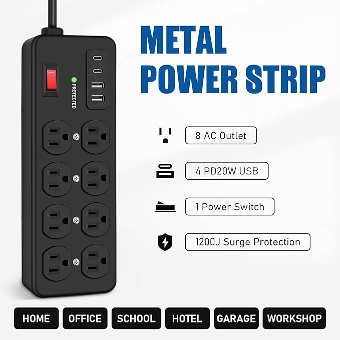 Heavy Duty Power Strip with USB, 8 Outlet Workshop Metal Power Strip, PD20W USB - Image 2