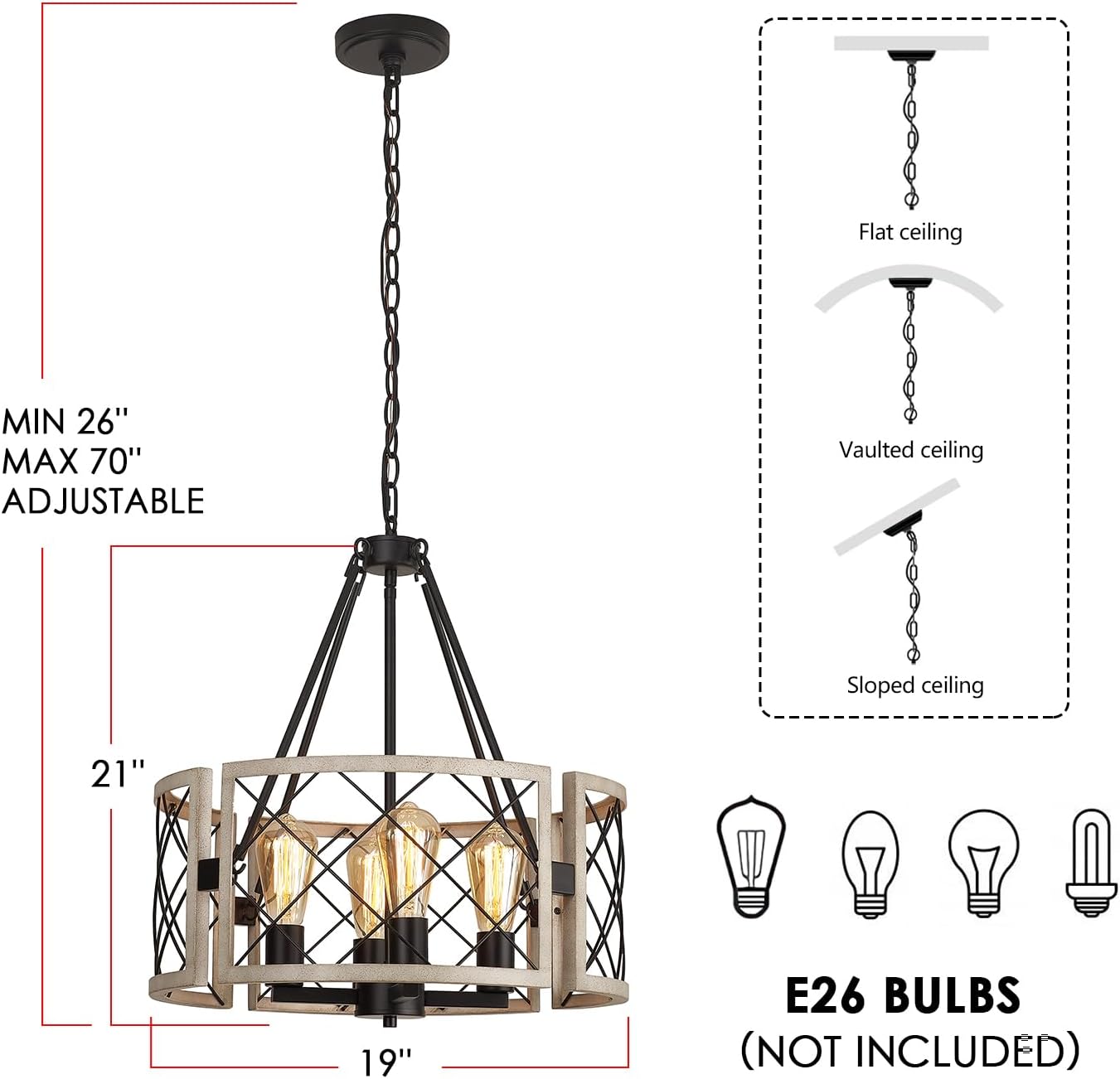 D19'' Farmhouse Chandelier, 4-Light Adjustable Dining Room Light Fixture Kitchen Island Lighting, Rustic Hanging Lights for Entryway Foyer Bedroom Living Room, Black & White Oak