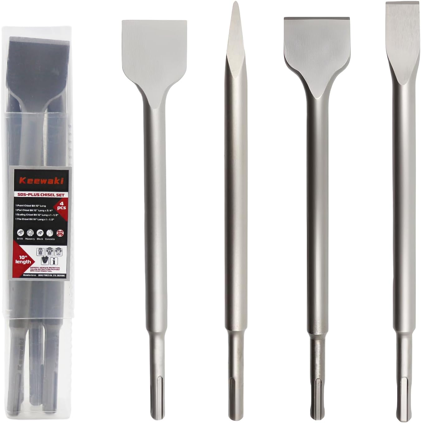 SDS Plus Masonry Chisel Set – 4-Piece Heavy-Duty Chisel Bits for Hammer Drill – Includes Flat, Pointed & Tile Chisel – Concrete, Tile Removal Tool