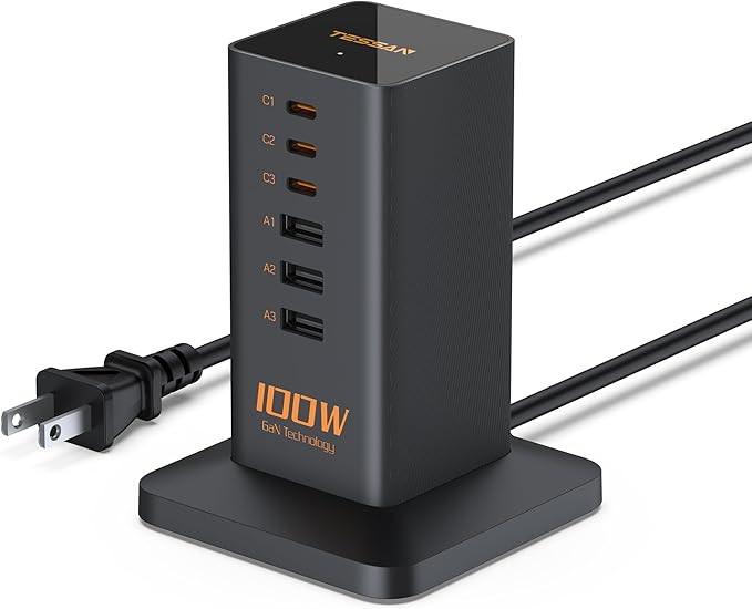 USB C Charger Blcok PD 100W, TESSAN 6-in-1 Charging Station by TESSAN