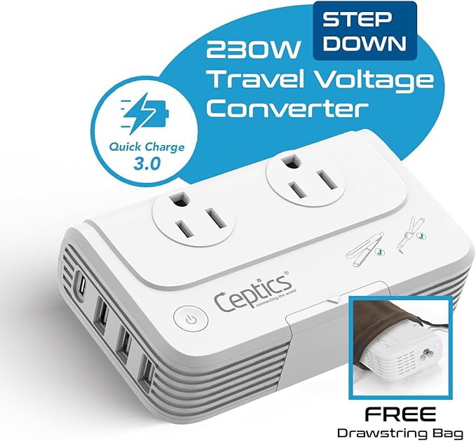 Ceptics Travel Voltage Converter -200W Convert 220V to 110V - Image 2