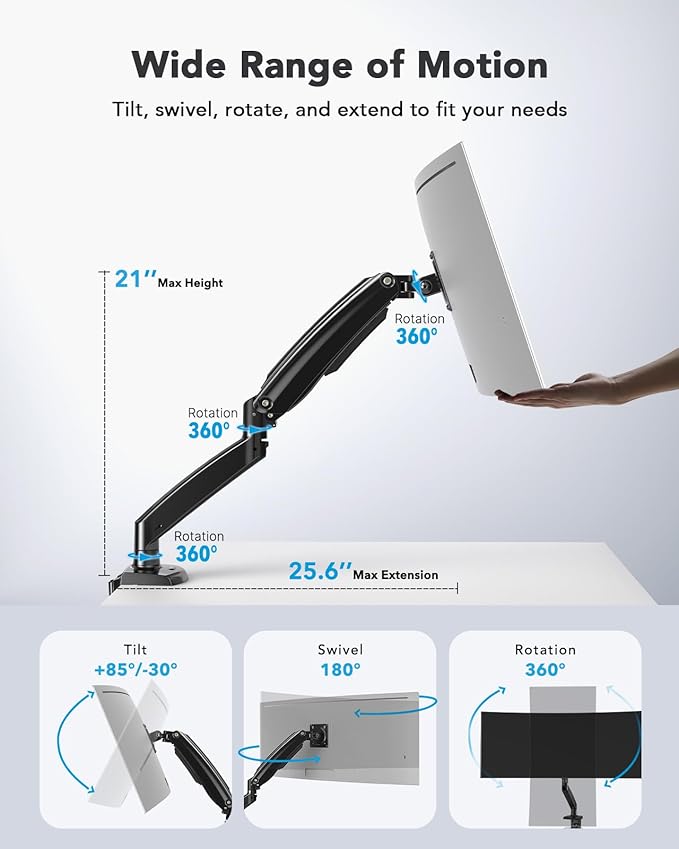 HUANUO Single Monitor Arm for 13-49 inch Screens, Ultrawide Computer Monitor - Image 2