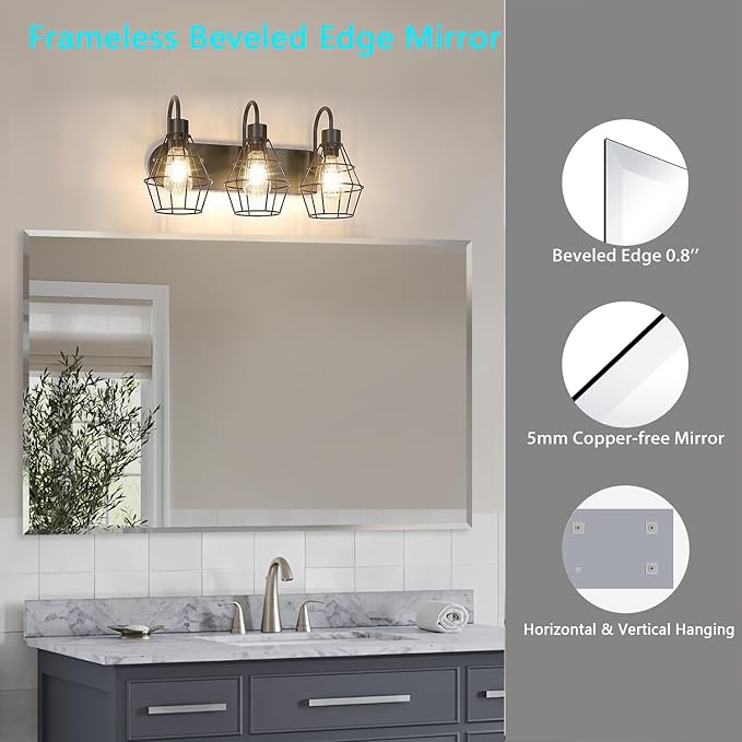 Frameless Beveled Edge Bathroom Mirror 38x26 Inch Rectangle Wall Mirror - Image 2