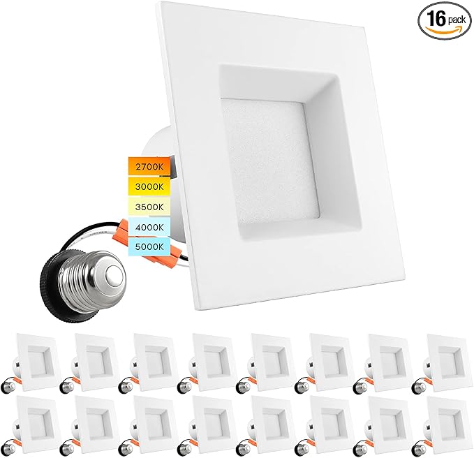 LUXRITE 16 Pack 4 Inch Square Recessed LED Can Lights, CCT Color Temperature by LUXRITE