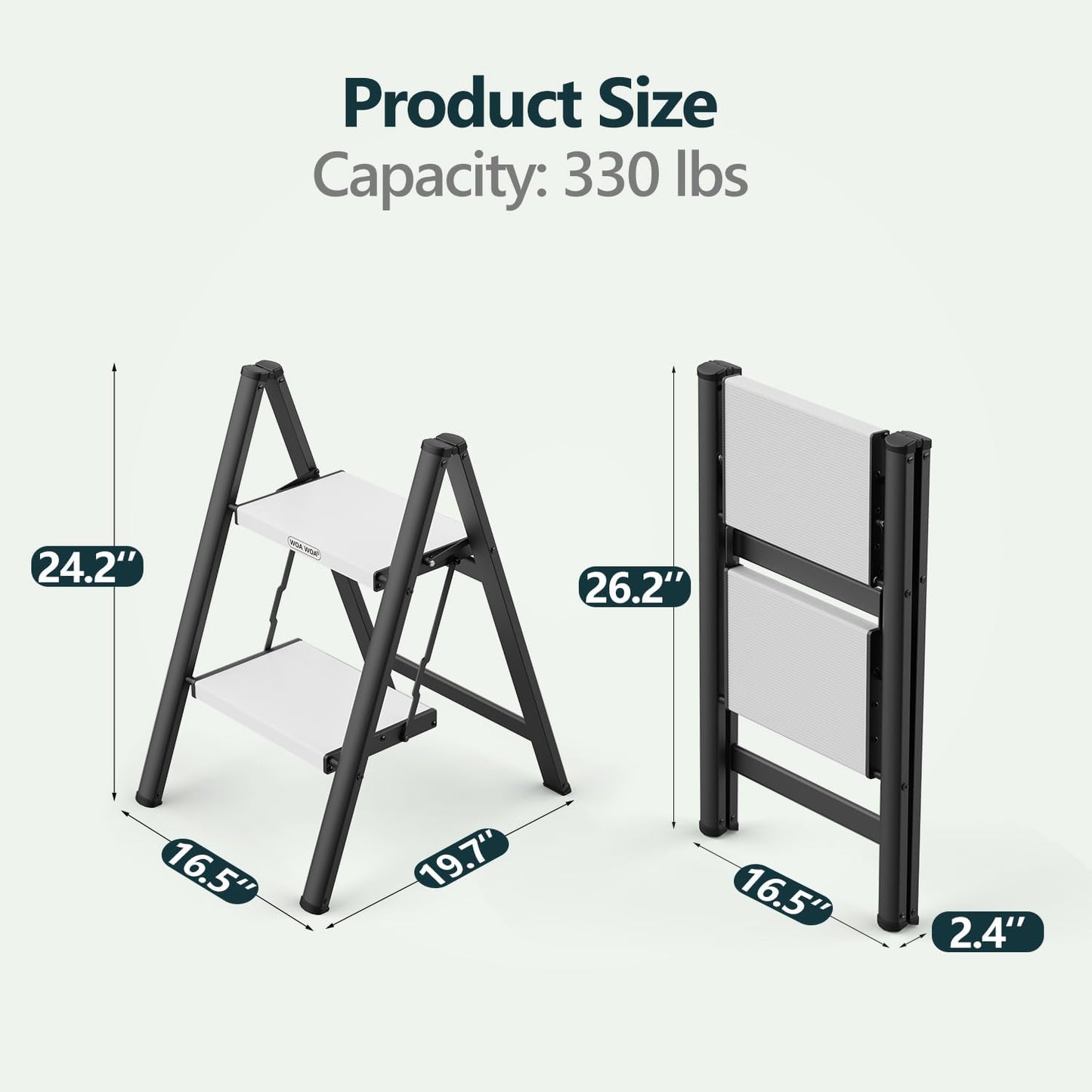 2 Step Ladder, Foldable Step Stool, 300lbs Load, Black & White | Folded 27''H x 3''T; Net 6.9 lbs; Rigid Aluminum Steps; No Assembly; For Home, Kitchen, Office, Pantry, Closets, Cabinets