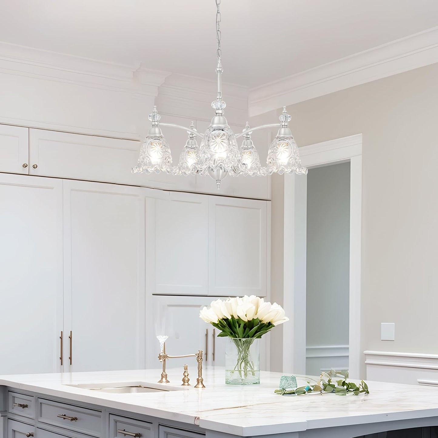 Vintage 5 Light Chandelier, Brushed Nickel Dining Room Light Fixtures Over Table, Farmhouse Glass Chandelier Ceiling Light Fixture for Kitchen, Dinning, Foyer, Bathroom, Living Room