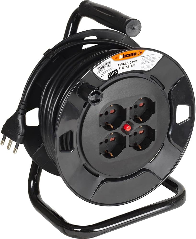 BTICINO Cable Reel S2620, Electric Extension 20 Metres, 4 Schuko Sockets, Double Pole, Large 16 A Plug, Thermal Switch, Ergonomic Handle, Cable Holder and Cable Reel, Full Black