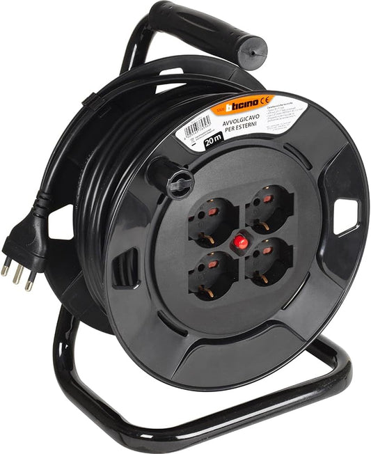 BTICINO Cable Reel S2620, Electric Extension 20 Metres, 4 Schuko Sockets, Double Pole, Large 16 A Plug, Thermal Switch, Ergonomic Handle, Cable Holder and Cable Reel, Full Black