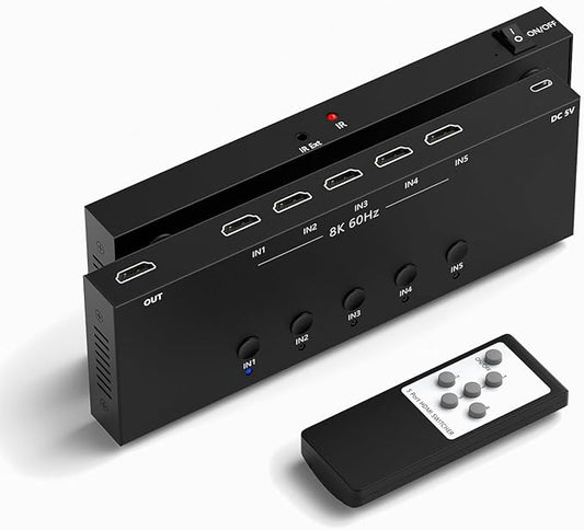8K 5 in to 1 Out HDMI Switcher，5 Way HDMI Converter & Infrared Remote Control by Arector