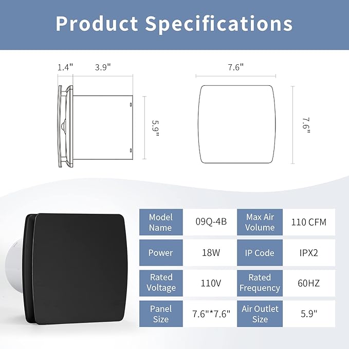 Zeyzer Black Bathroom Fan 110 CFM 1.0 Sone 5.9" Duct Square Ceiling or Wall - Image 3