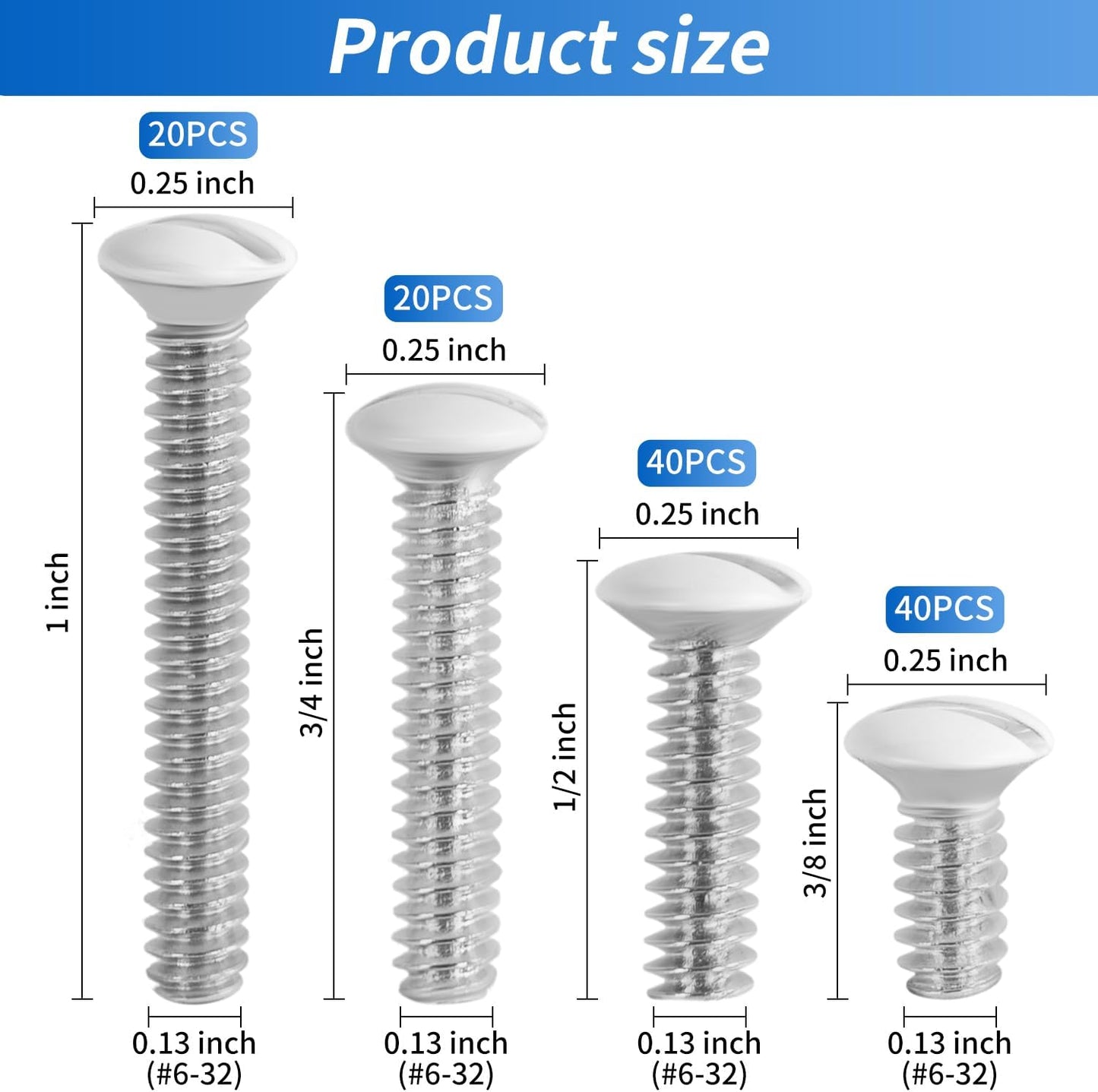 120PCS White Wall Plate Screws Kit - #6-32 Thread Outlet Cover & Switch Plate Fasteners with 4 Lengths (3/8" to 1") for Electrical Outlets, Light Switch Plates, and Faceplate Mounting