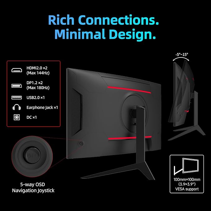 KTC 27 inch WQHD 180Hz 1ms Curved Gaming Monitor 1440P 144Hz Monitor 132% sRGB - Image 4