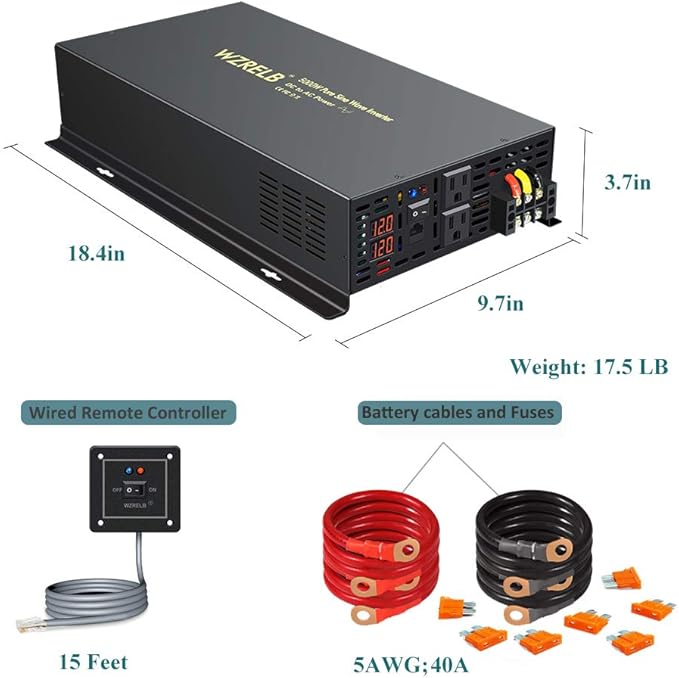 WZRELB 5000W 12VDC 120VAC Pure Sine Wave Power Inverter, 2 AC Outlets, Wired - Image 7
