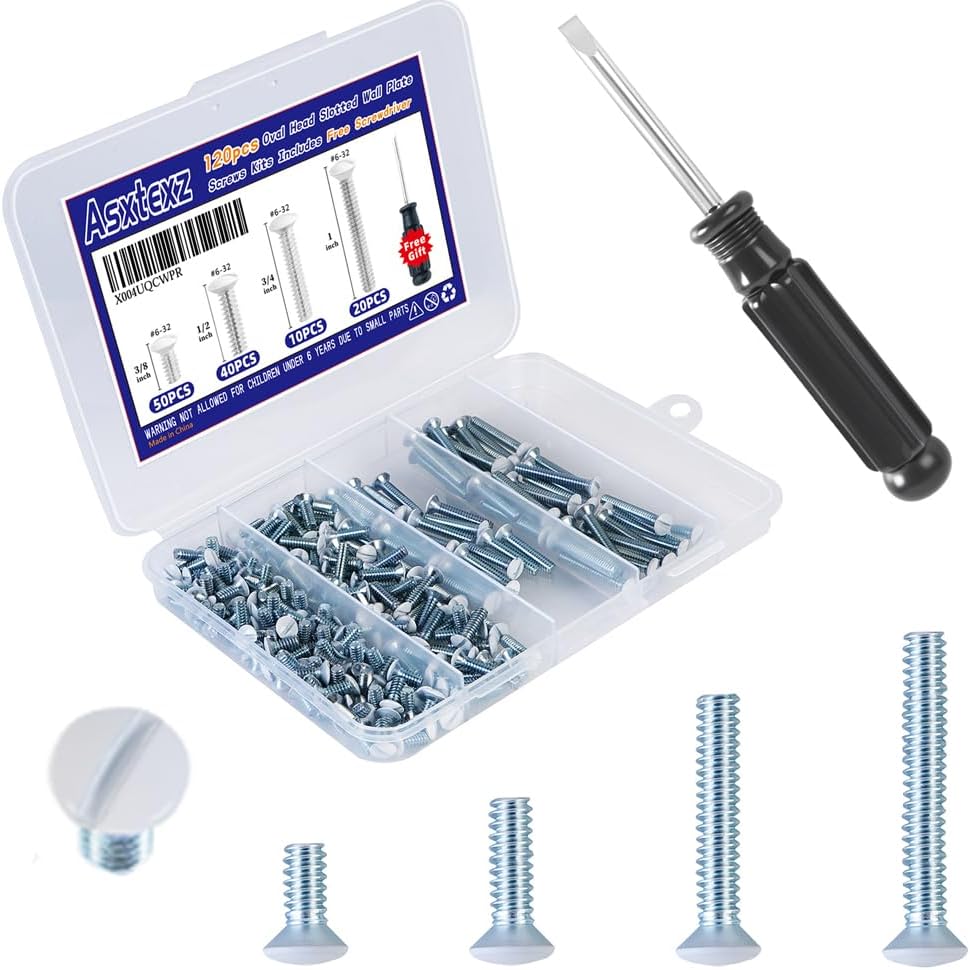120PCS Wall Plate Screws White, Outlet Cover Screws for Switch Plate, 6/32 Electrical Outlet Screws for Light Switch Plates,Electrical Panel, 4 Sizes (3/8",1/2",3/4",1") Screws Kit w/Free Screwdriver