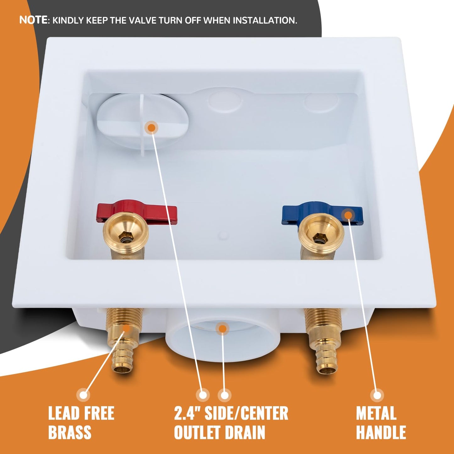 Pex Washing Machine Outlet Box with Center Drain, Laundry Washer Valve Box, 1/2 Inch Pex Crimp Inlet x 3/4 Inch MHT Outlet，with 4 Crimp Rings