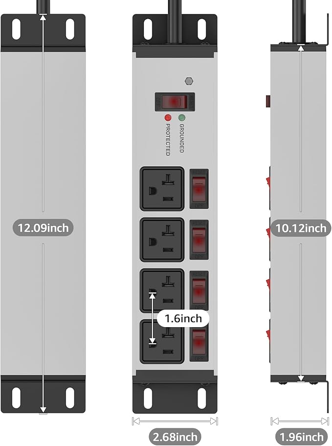 CCCEI Heavy Duty Surge Protector Power Strip 20 Amp Individual Switches. 10FT - Image 7