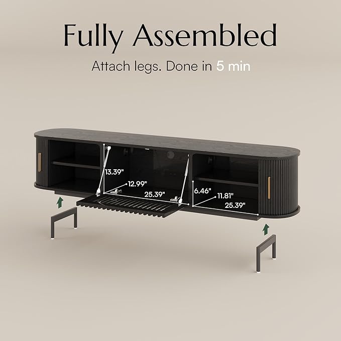 POVISON Fully-Assembled Mid Century Modern TV Stand, Sliding Tambour Door - Image 3