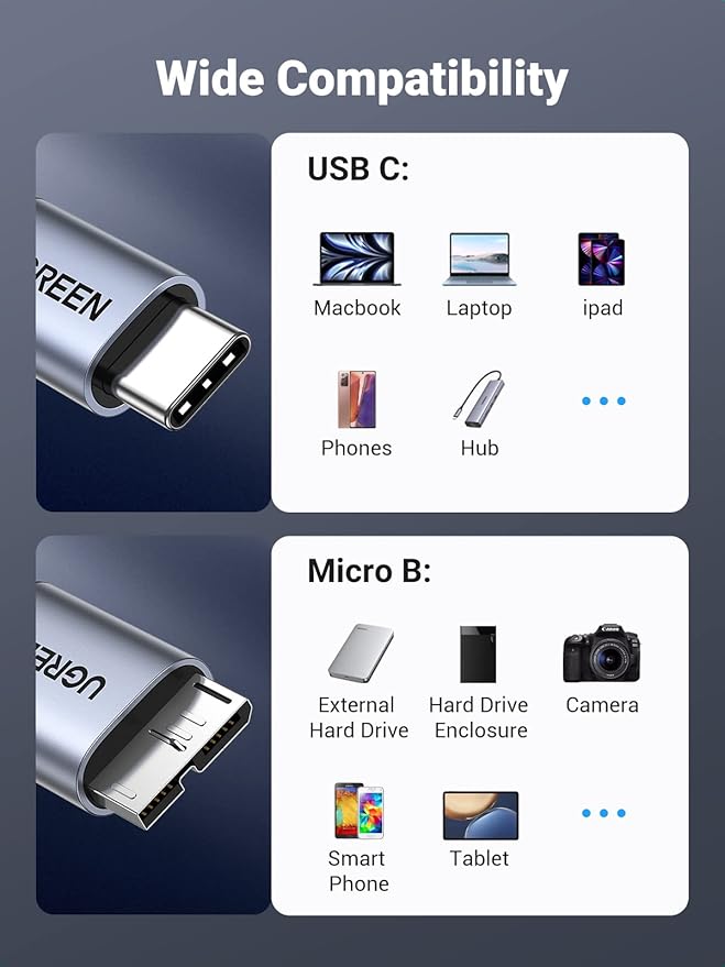 UGREEN 10 Gbps Micro B to USB C Hard Drive Cables, 3.3FT USB C to Micro B - Image 2