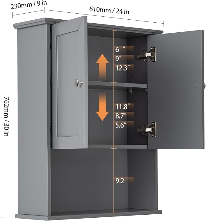 Grey Wall Mounted Bathroom Cabinet 24x30 Inch Wooden Over Toilet Storage Cabinet - Image 2