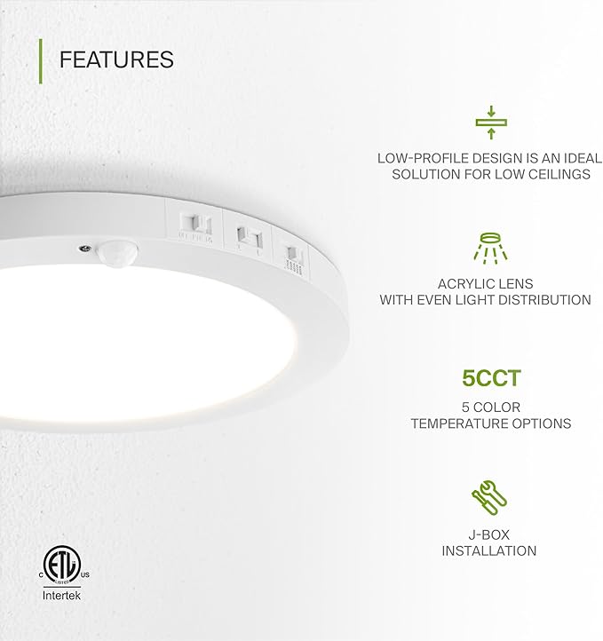 ASD LED 12" Round Flush Mount Ceiling Light Fixture, Low Profile Surface - Image 3