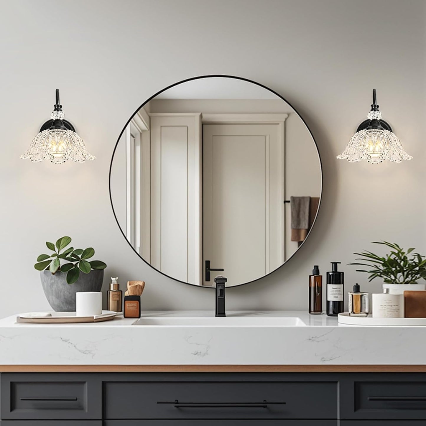 1 Piece Black Wall Sconce with Floral Clear Glass Shade, Black Farmhouse Wall Mount Lighting for Bathroom,Vintage Bathroom Vanity Light Fixture