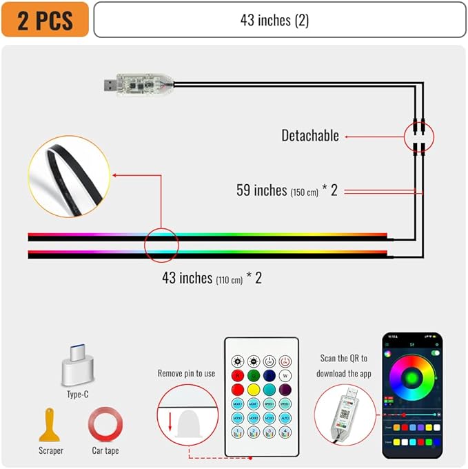 Ambient Lighting Car led Lights Interior, 43.3'' USB Powered Acrylic Neon - Image 3