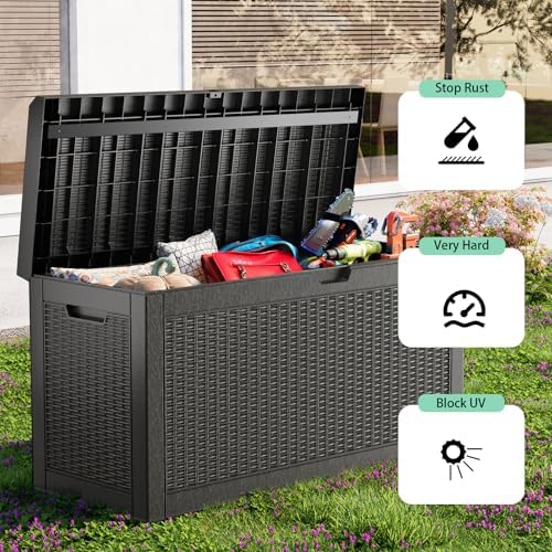waterproof outdoor storage box, 70 gallon lockable deck, close-up detail