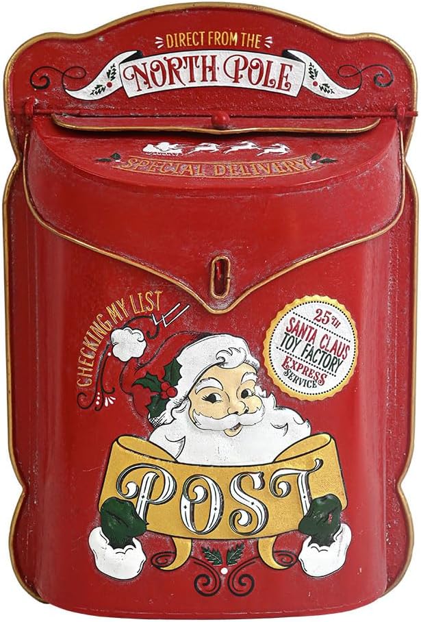 Xmas Letters to Santa Mailbox Wall Mount Christmas Mail Boxes for House Outside Metal North Pole Post Box Vintage Red Christmas Home Decor