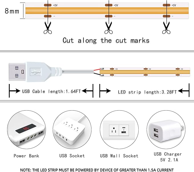 Short LED Strip Lights Yellow 5V USB Not Dimmable Flexible COB LED Rope Lights - Image 3