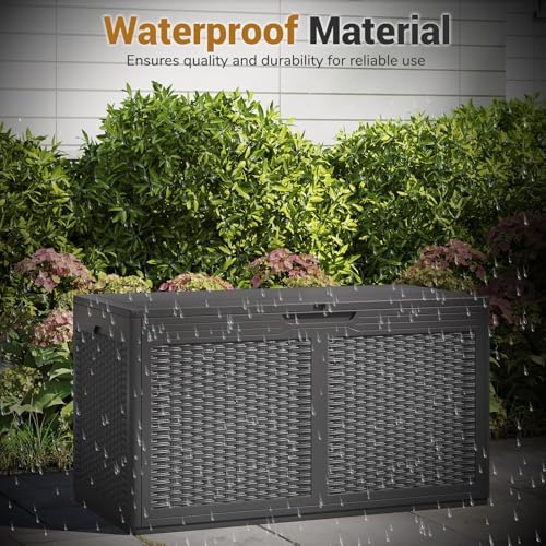 tangkula 100 gallon outdoor storage box, lockable outdoor showing dimensions