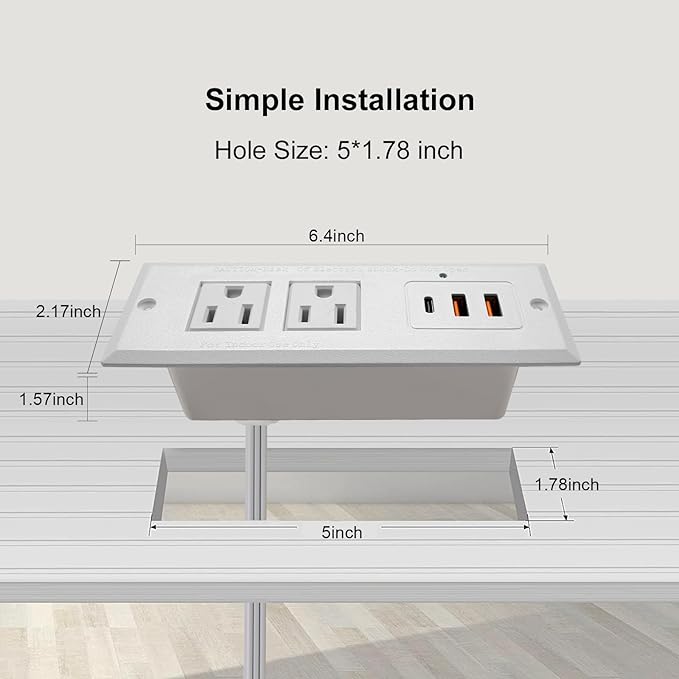 20W Recessed Power Strip USB C Fast Charge Desk Power Outlet Type C Flush - Image 2