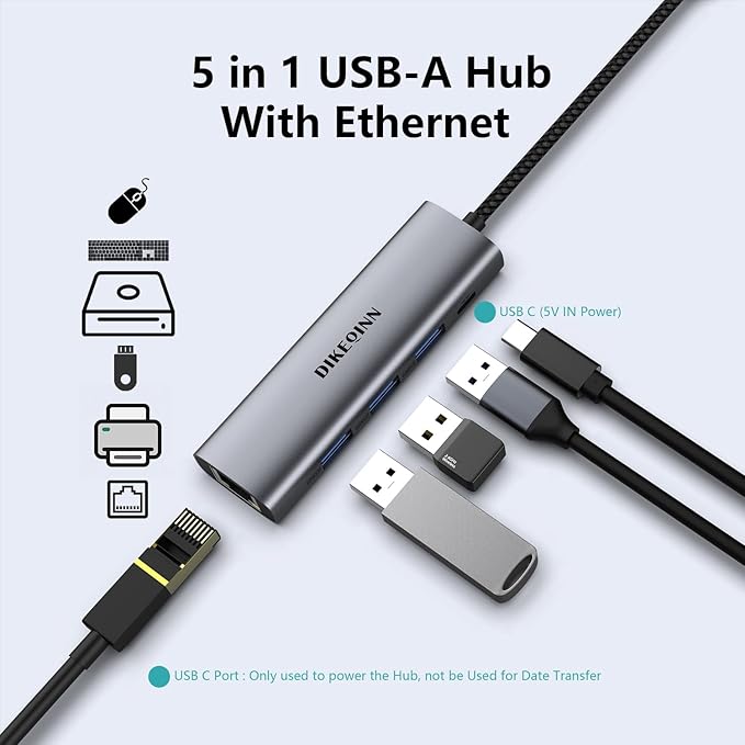 DIKEQINN USB 3.0 Hub with Gigabit Ethernet, 3-Port USB-A 5Gbps + USB-C Power - Image 6