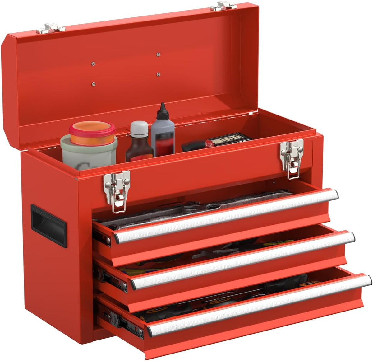 portable metal tool box with drawers, latches tool, main product view