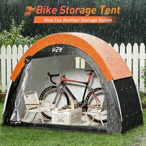upgraded bike tent with rain cover, outdoor storage, front angle view
