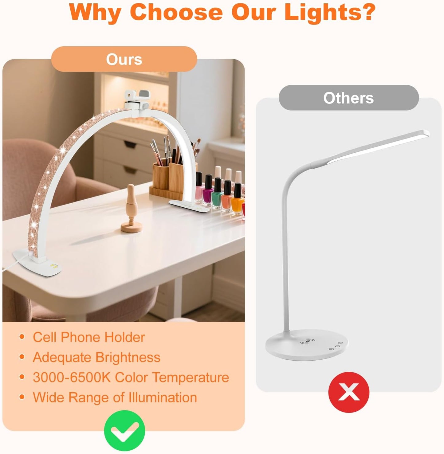 Half Moon Light for Nail Desk, 29IN Folding Half-Moon Light with Phone Holder, LED Lamp for Nail Art, Eyelash Extension, Tattooing, Skin Management, 10 Brightness Levels, Champagne Gold Rhinestones