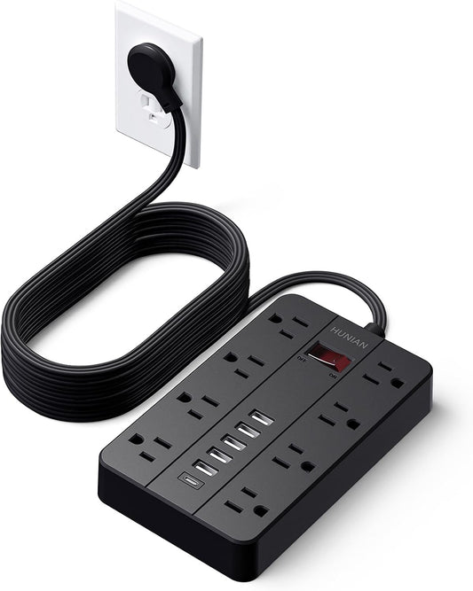 15 Ft Long Extension Cord Power Strip Surge Protector, HUNIAN Flat Plug