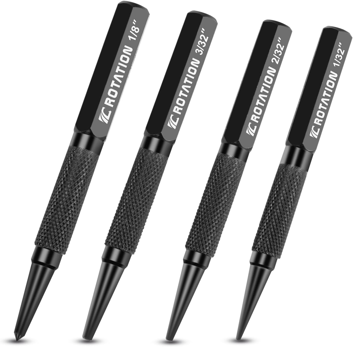 4-Piece Nail Punch and Center Punch Set, 1/32", 1/16", 3/32"& 1/8" | Hardened Cr-V Steel Construction, Non-Slip Knurled Grip, for Wood Metal