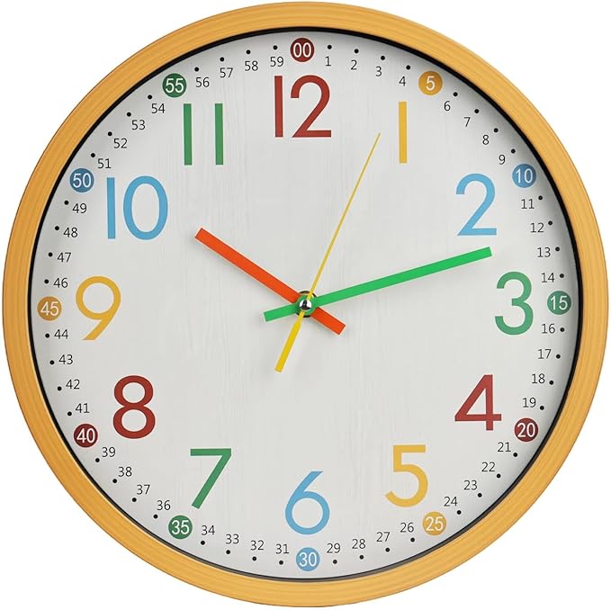 bakbrand Kids Wall Clock Silent Non-Ticking Colorful Childrens Clock Round by BAKBRAND