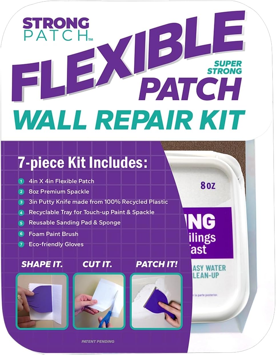 StrongPatch® Flexible Patch Wall Repair Kit with 4 in. x 4 in. Flexible Patch, Sanding Sponge, Color Changing Spackle, Putty Knife, Glove, Foam Brush, Paint Tray (7-Piece)