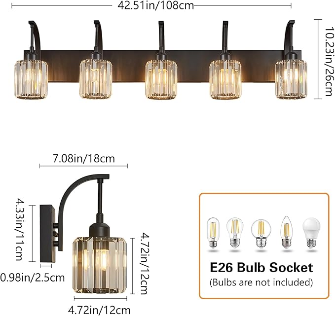 FDPBY 5-Light Crystal Vanity Light, Modern Black Bathroom Wall Sconce - Image 4