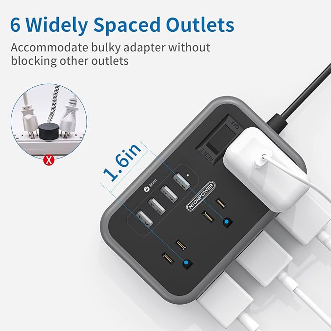 Flat Plug Extension Cord 10 Ft, NTONPOWER 6 Widely Spaced Outlet Power Strip - Image 3