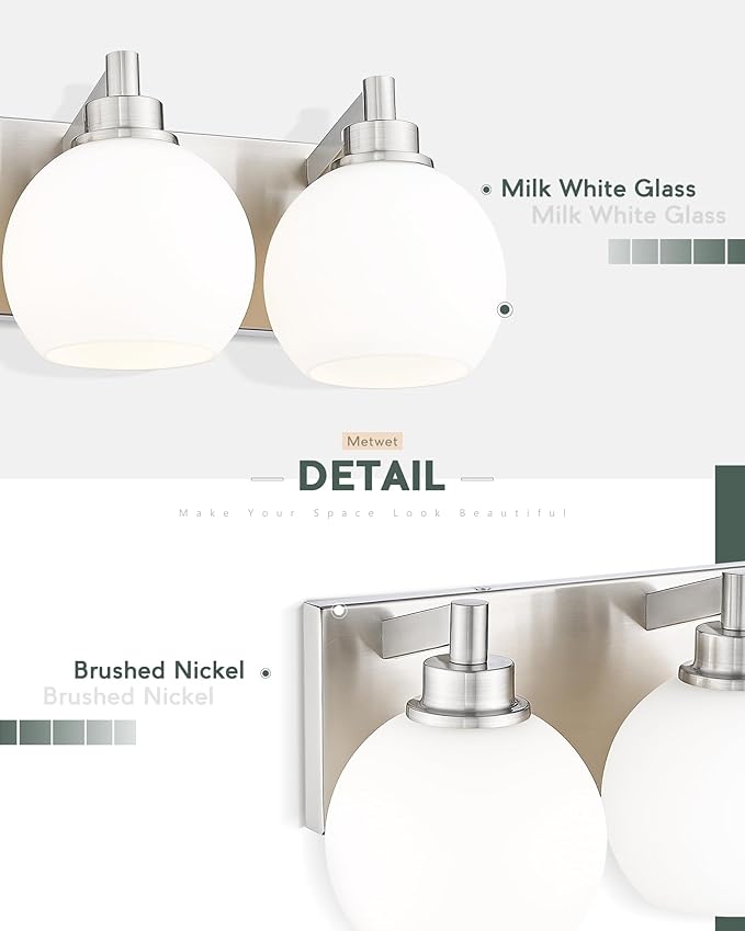 METWET Bathroom Light Fixtures, 3-Light Brushed Nickel Vanity Light, Modern - Image 4