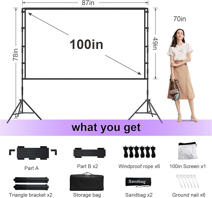 VntB 100 inch Projector sreen and Stand, Outdoor Indoor Projector Screen16:9 - Image 2