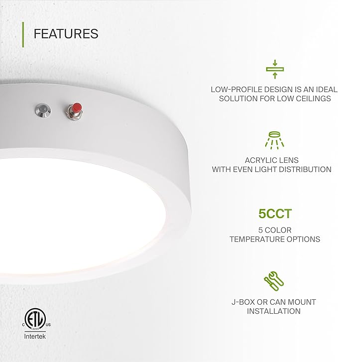 ASD LED 9" Round Flush Mount Ceiling Light Fixture, Low Profile Surface - Image 3